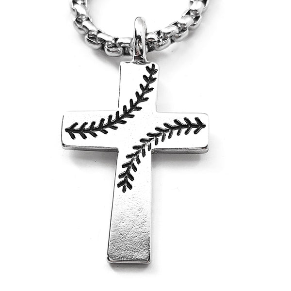 Baseball Stitch Cross Rhodium Finish Necklace on Heavy Chain