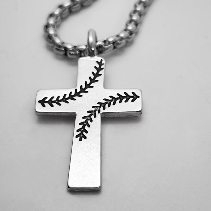 Baseball Stitch Cross Rhodium Finish Necklace on Heavy Chain