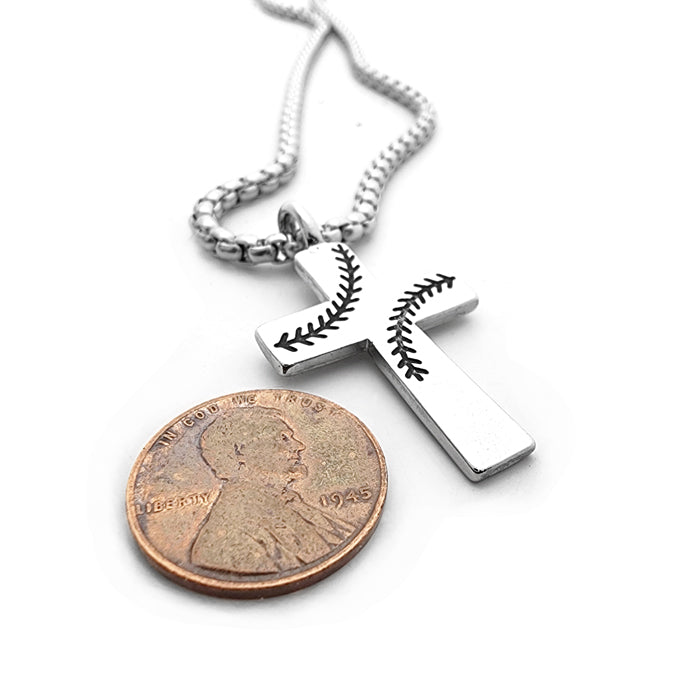 Baseball Stitch Cross Rhodium Finish Necklace on Heavy Chain