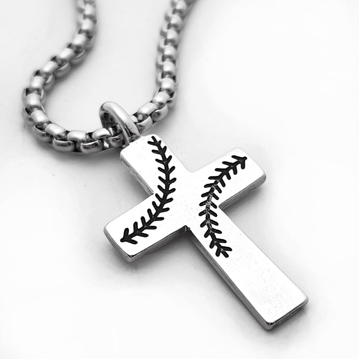 Baseball Stitch Cross Rhodium Finish Necklace on Heavy Chain