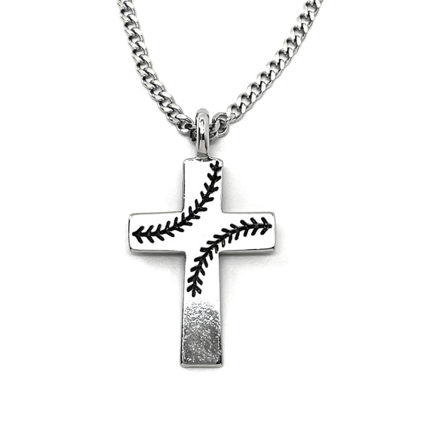 Baseball Stitch Cross Rhodium Finish Necklace on Chain
