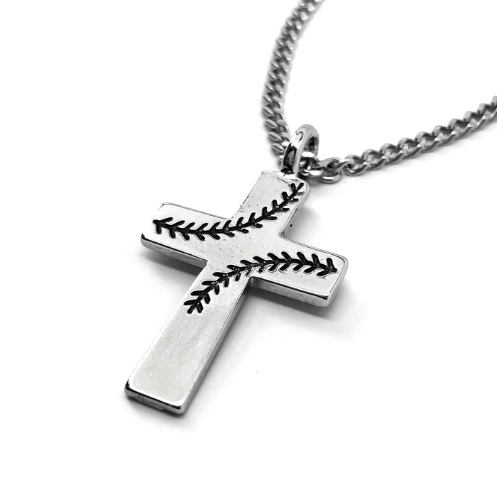 Baseball Stitch Cross Rhodium Finish Necklace on Chain