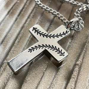 Baseball Stitch Cross Rhodium Finish Necklace on Chain