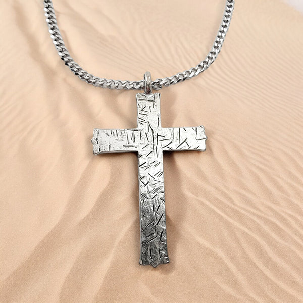 Hammered Cross Antique Silver Metal Finish Chain Necklace