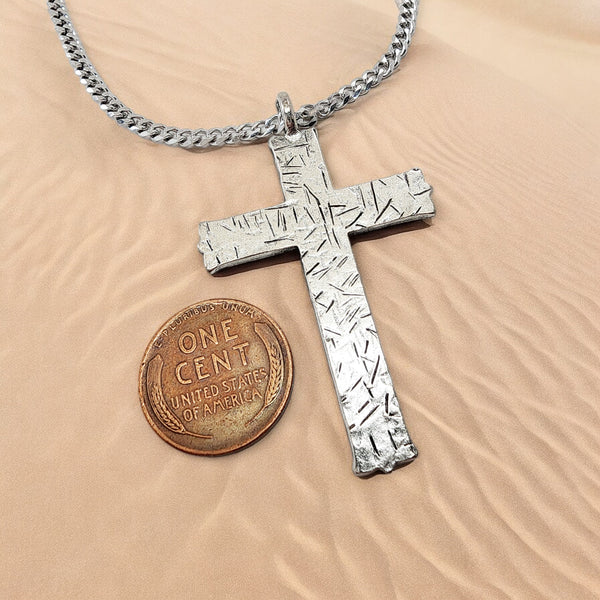 Hammered Cross Antique Silver Metal Finish Chain Necklace