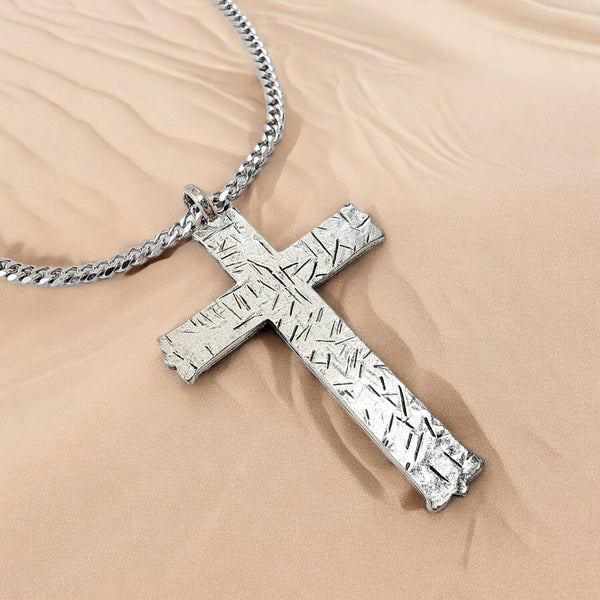 Hammered Cross Antique Silver Metal Finish Chain Necklace