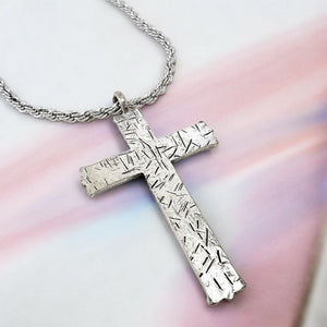 Hammered Cross Antique Silver Metal Finish Rope Chain Necklace