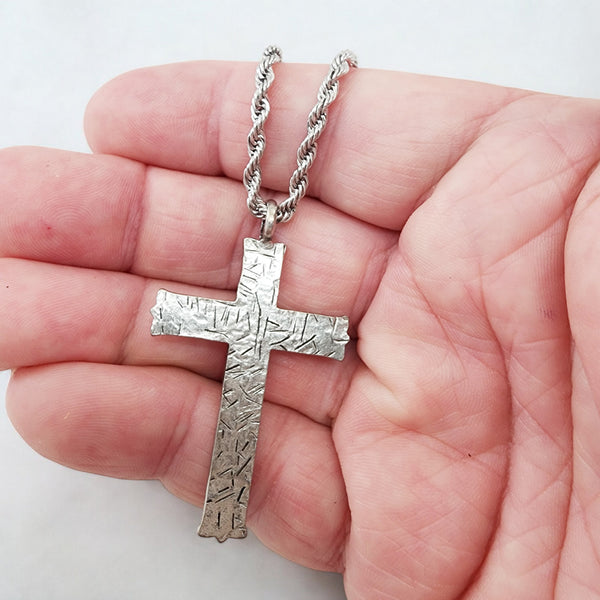 Hammered Cross Antique Silver Metal Finish Rope Chain Necklace