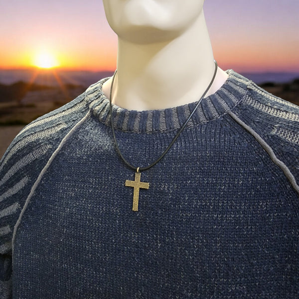 Hammered Cross Antique Brass Metal Finish Black Cord Necklace