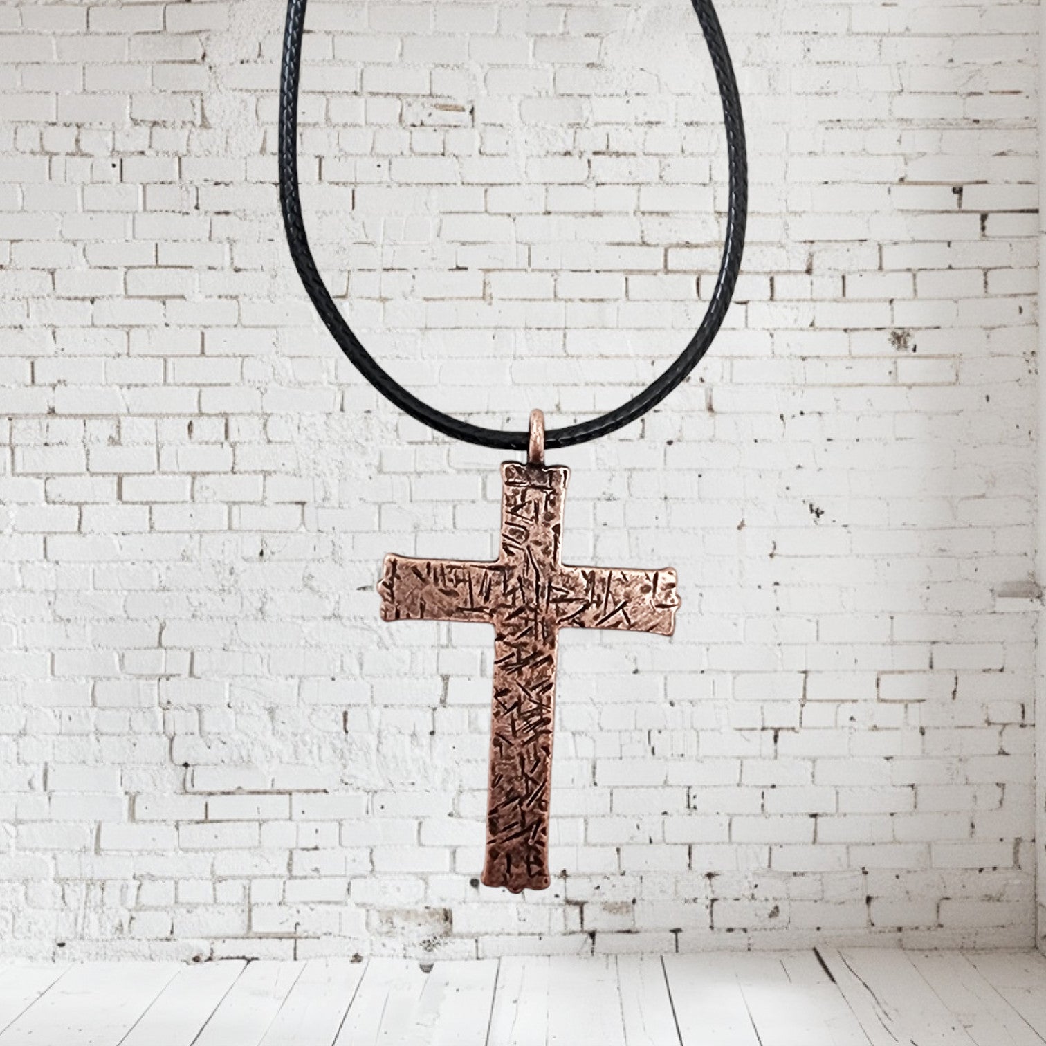 Hammered Cross Antique Copper Metal Finish Black Cord Necklace