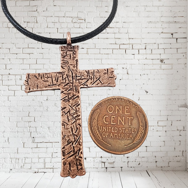 Hammered Cross Antique Copper Metal Finish Black Cord Necklace