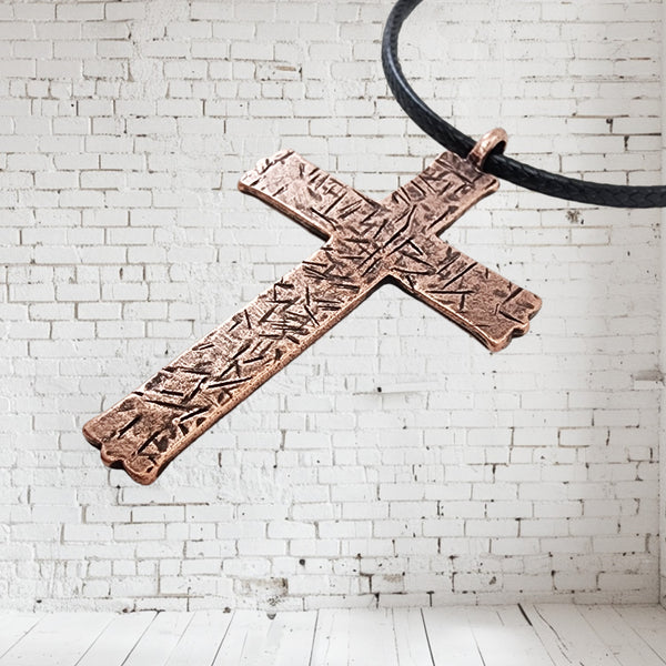 Hammered Cross Antique Copper Metal Finish Black Cord Necklace