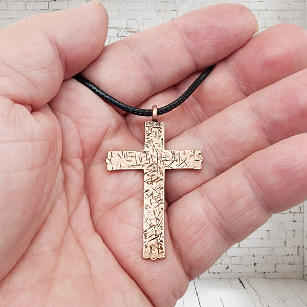 Hammered Cross Antique Copper Metal Finish Black Cord Necklace