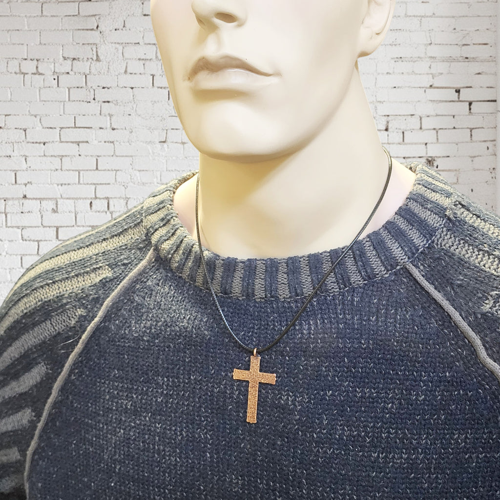 Hammered Cross Antique Copper Metal Finish Black Cord Necklace