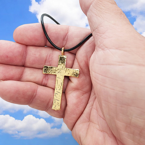 Hammered Cross Gold  Metal Finish Black Cord Necklace