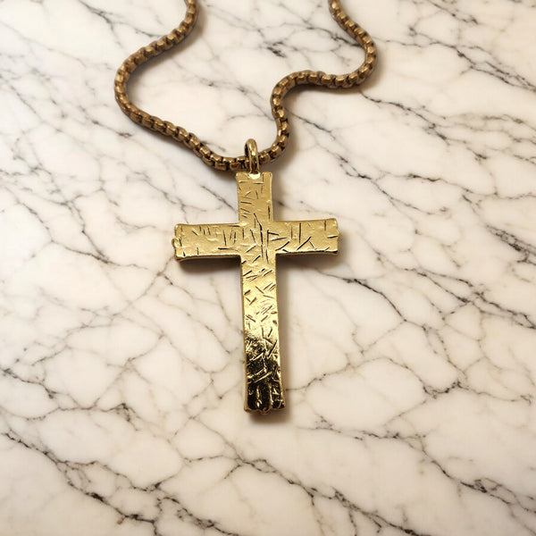 Hammered Cross Gold Metal Finish Gold Heavy Chain Necklace