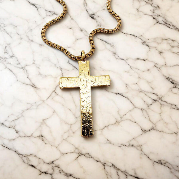 Hammered Cross Gold Metal Finish Gold Heavy Chain Necklace