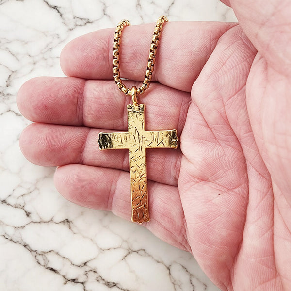 Hammered Cross Gold Metal Finish Gold Heavy Chain Necklace