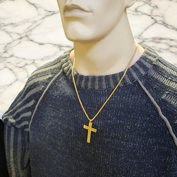 Hammered Cross Gold Metal Finish Gold Heavy Chain Necklace