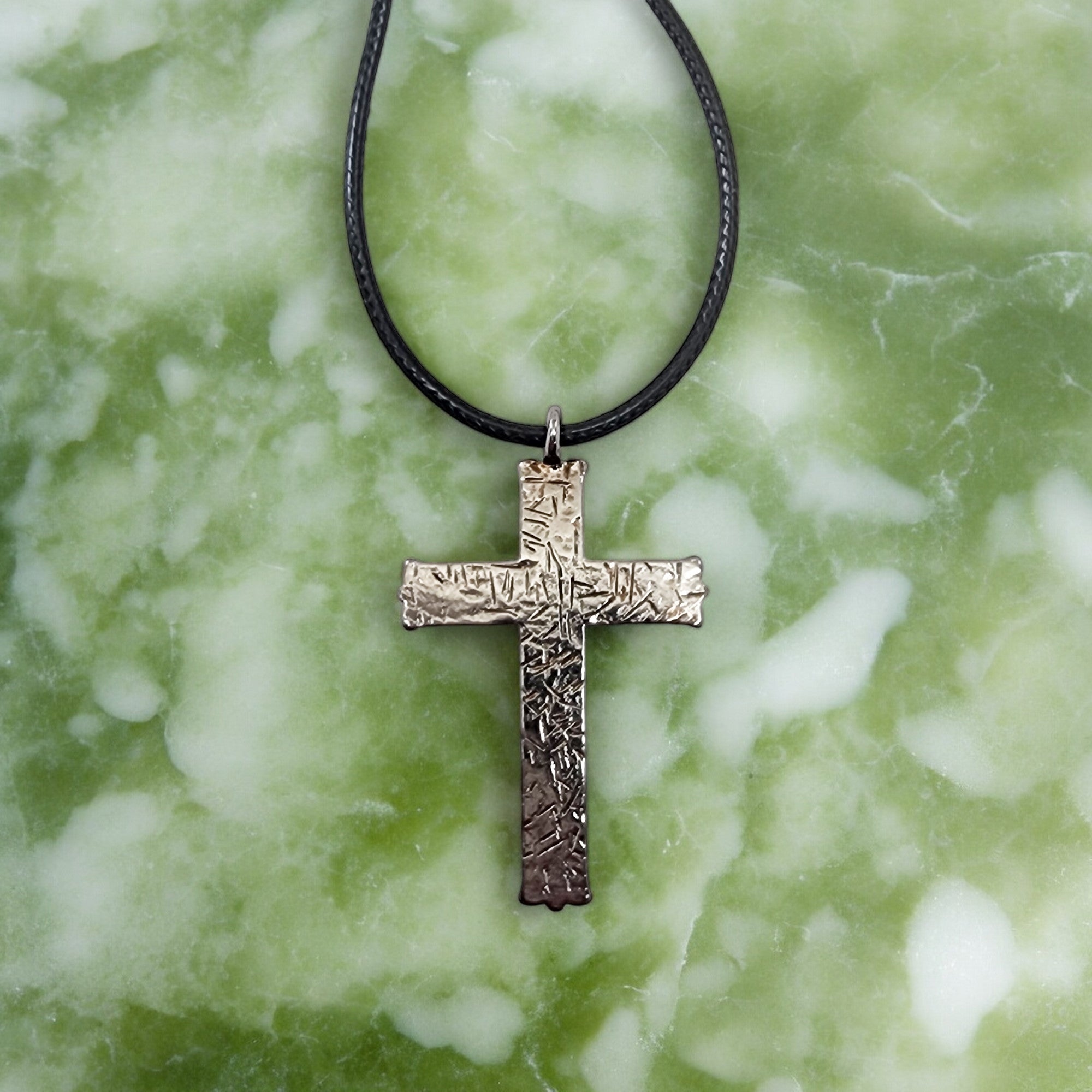 Hammered Cross Dark Metal Finish Black Cord Necklace