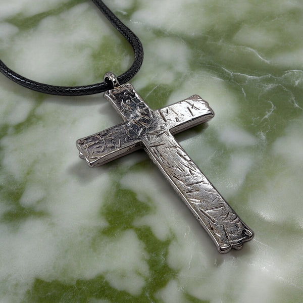 Hammered Cross Dark Metal Finish Black Cord Necklace