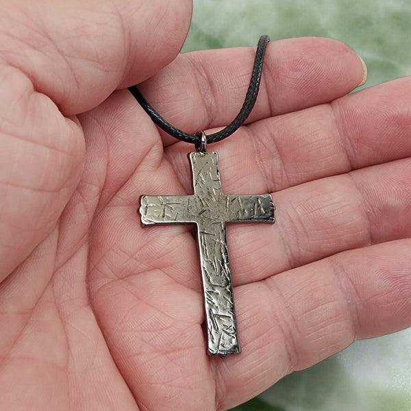 Hammered Cross Dark Metal Finish Black Cord Necklace