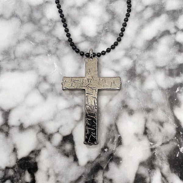 Hammered Cross Dark Metal Finish Black Ball Chain Necklace