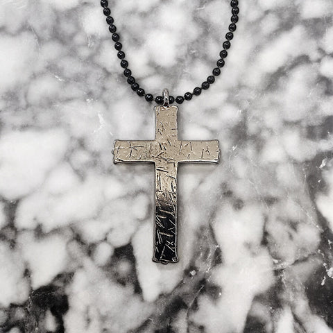 Hammered Cross Dark Metal Finish Black Ball Chain Necklace