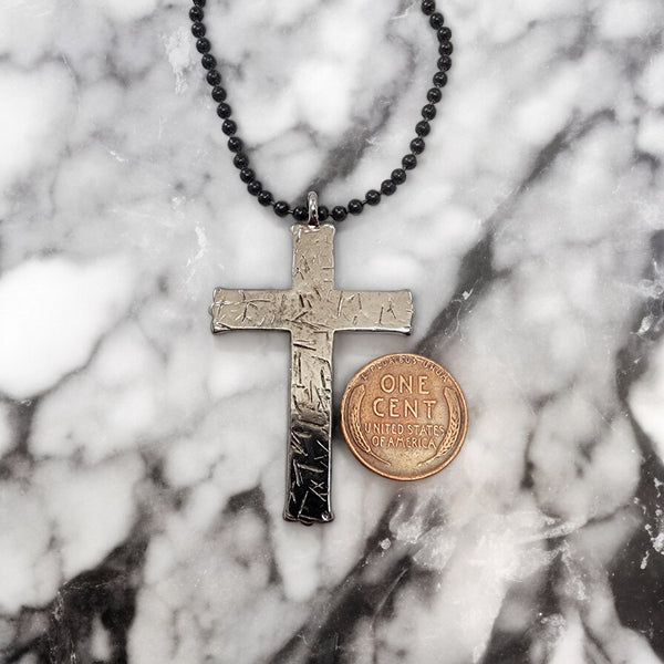 Hammered Cross Dark Metal Finish Black Ball Chain Necklace