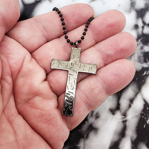 Hammered Cross Dark Metal Finish Black Ball Chain Necklace