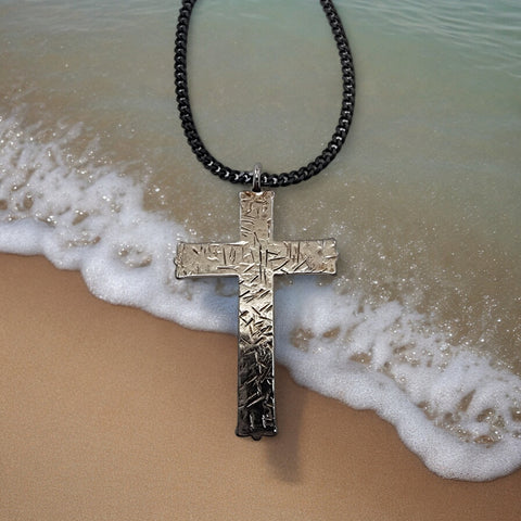 Hammered Cross Dark Metal Finish Black Chain Necklace