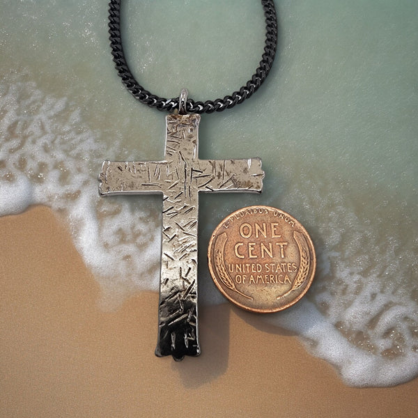 Hammered Cross Dark Metal Finish Black Chain Necklace