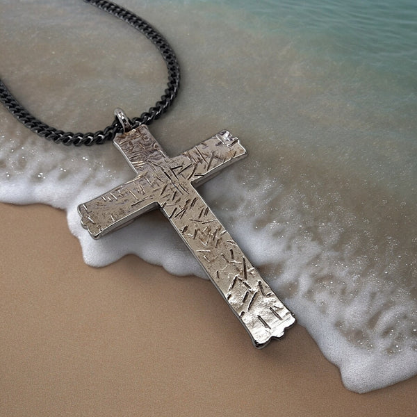 Hammered Cross Dark Metal Finish Black Chain Necklace