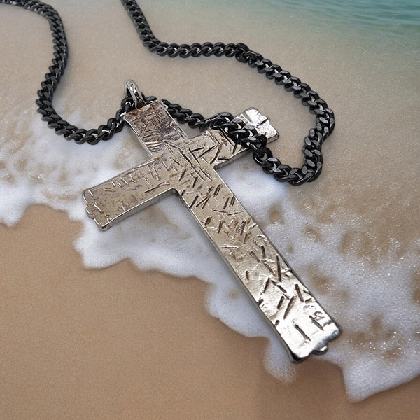 Hammered Cross Dark Metal Finish Black Chain Necklace