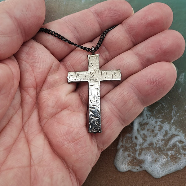 Hammered Cross Dark Metal Finish Black Chain Necklace