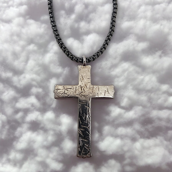 Hammered Cross Dark Metal Finish Black Heavy Chain Necklace