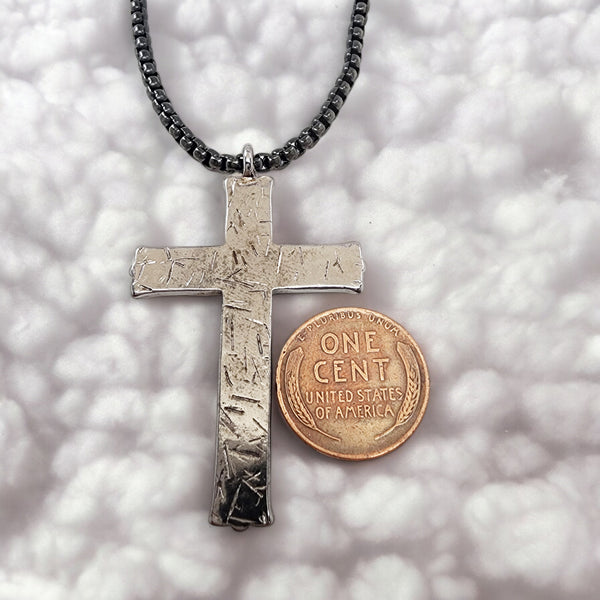 Hammered Cross Dark Metal Finish Black Heavy Chain Necklace