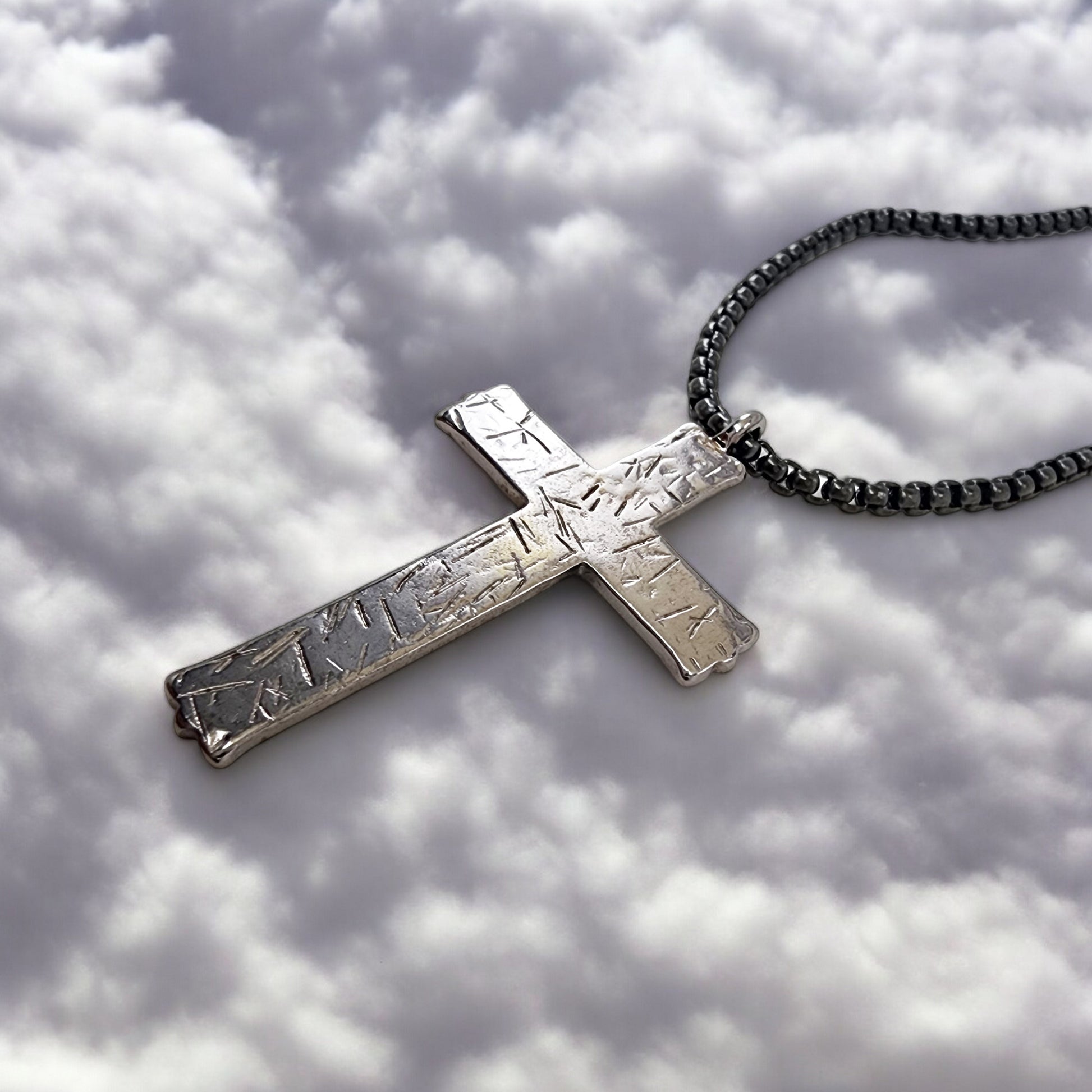 Hammered Cross Dark Metal Finish Black Heavy Chain Necklace