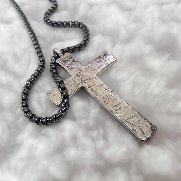 Hammered Cross Dark Metal Finish Black Heavy Chain Necklace