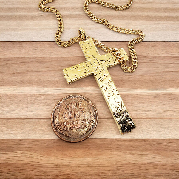 Hammered Cross Gold Metal Finish Gold Chain Necklace