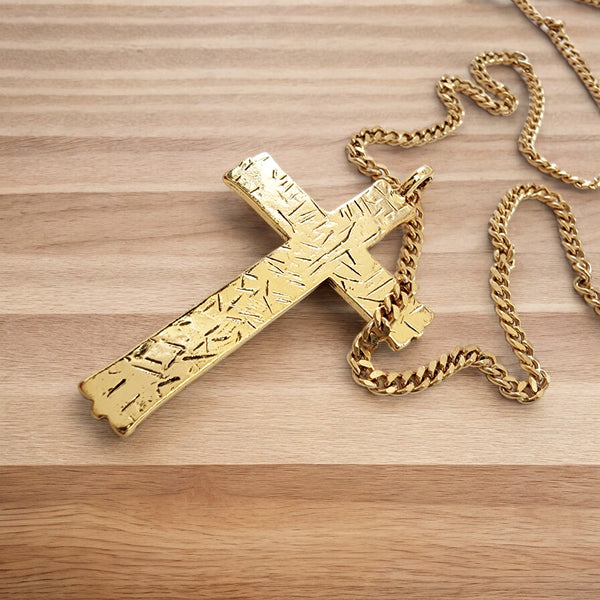 Hammered Cross Gold Metal Finish Gold Chain Necklace