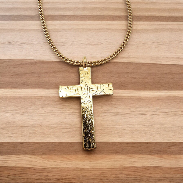 Hammered Cross Gold Metal Finish Gold Chain Necklace