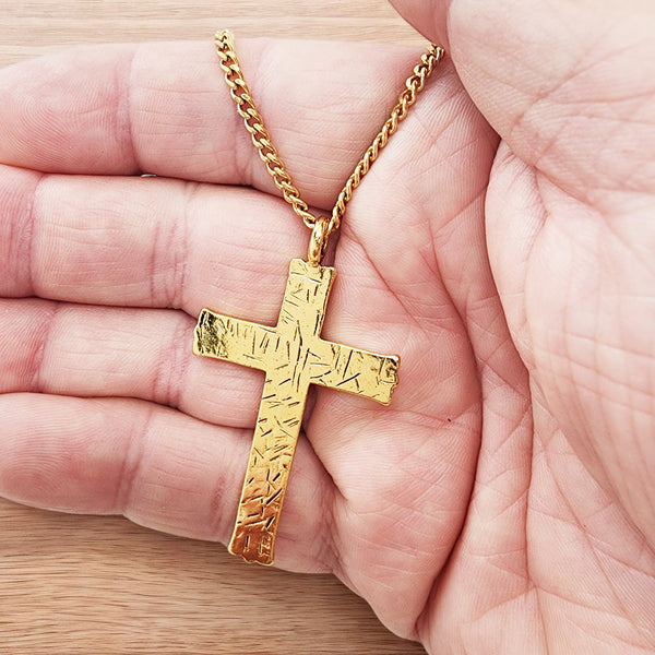 Hammered Cross Gold Metal Finish Gold Chain Necklace