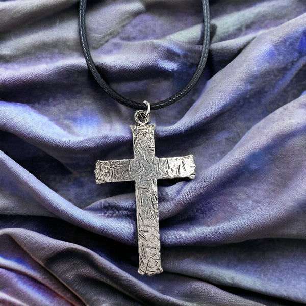 Hammered Cross Antique Silver Metal Finish Black Cord Necklace