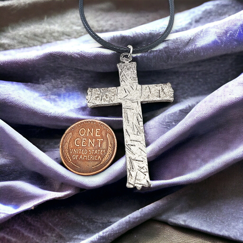 Hammered Cross Antique Silver Metal Finish Black Cord Necklace