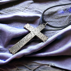 Hammered Cross Antique Silver Metal Finish Black Cord Necklace
