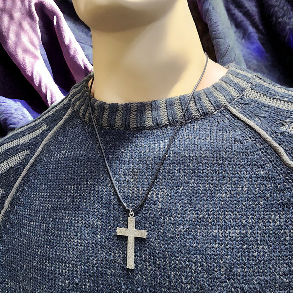 Hammered Cross Antique Silver Metal Finish Black Cord Necklace