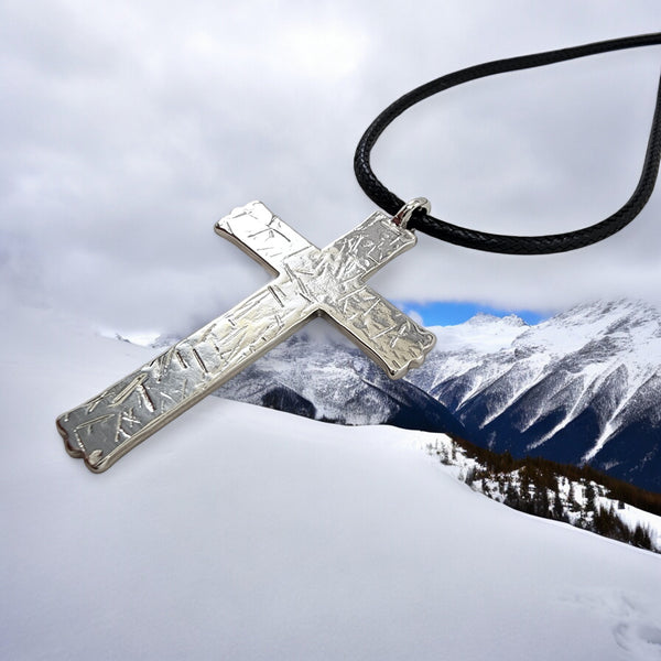 Hammered Cross Silver Rhodium Metal Finish Black Cord Necklace