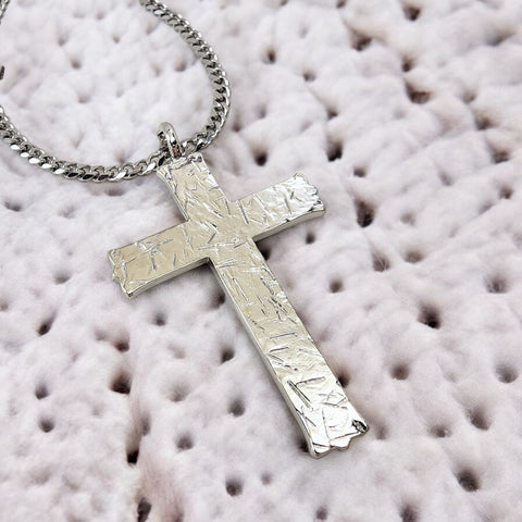 Hammered Cross Rhodium Metal Finish Chain Necklace