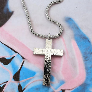 Hammered Cross Rhodium Metal Finish Heavy Chain Necklace